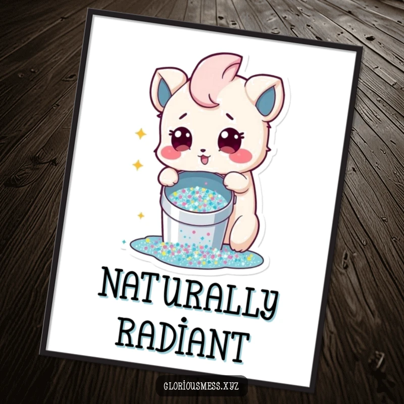 Funny Poster of a creature with innocent surprise amidst a rampant spill of glitter, adding a touch of whimsical sparkle.