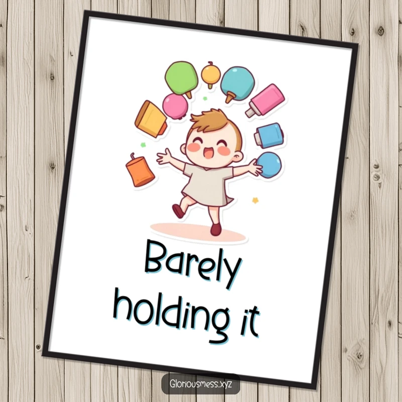 Funny poster depicting a wobbly character juggling many colorful objects, with everything looking ready to drop.