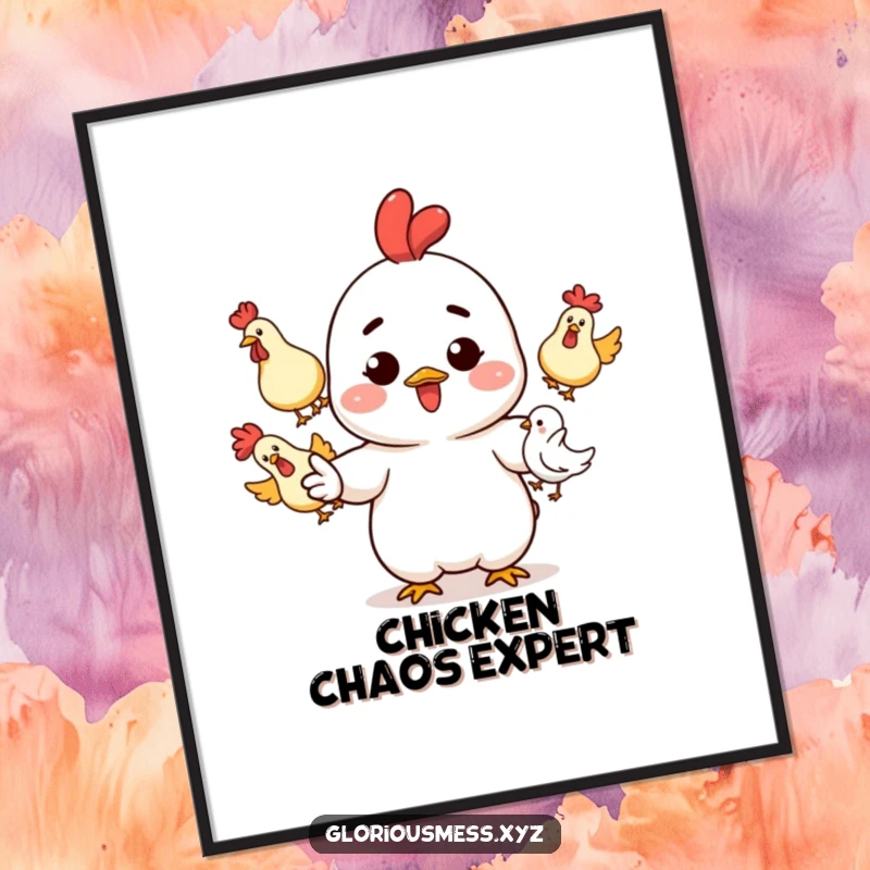 Funny Poster: Art of a character with ink splatters juggling three rubber chickens, a funny gift.