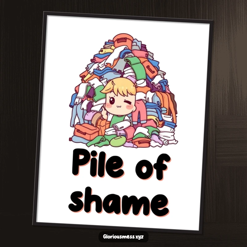 Funny Poster: Art of a character with a knowing wink pointing to a massive pile of overflowing laundry, a funny gift.