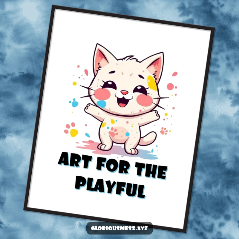Funny poster featuring a giggling, messy paint splatter character leaving colorful paw prints, bringing vibrant joy and humor, a perfect funny gift.