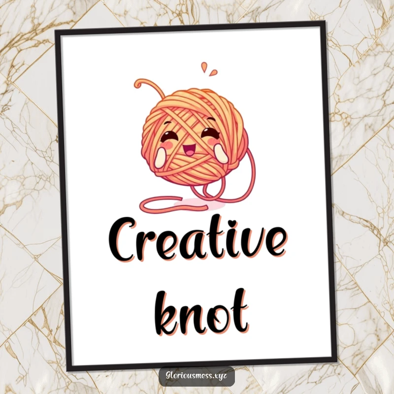 Funny poster showcasing a tangled yarn ball character unwinding itself with glee, celebrating the joy of crafting and yarn.