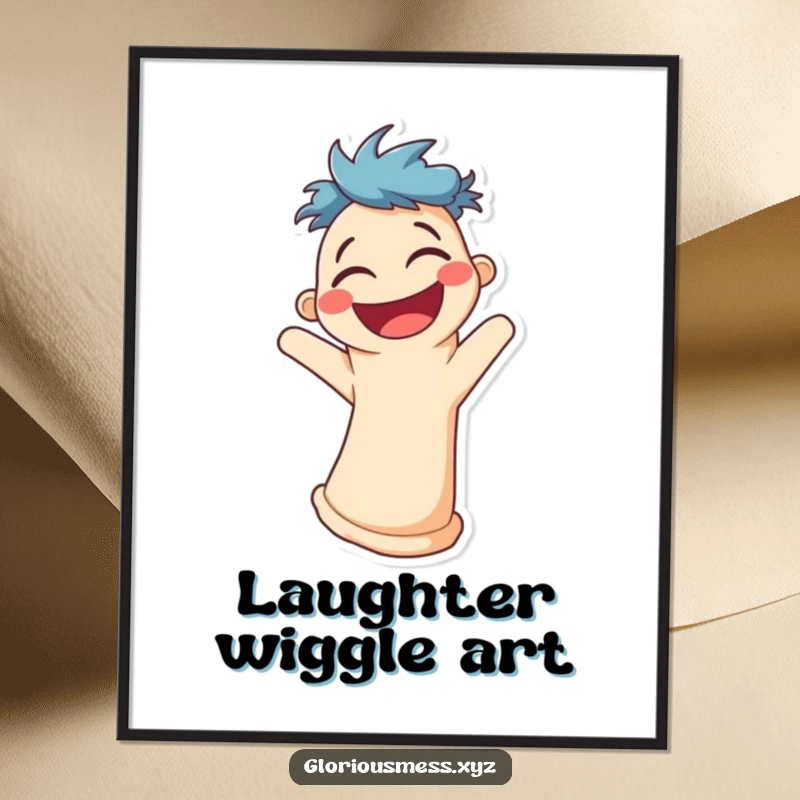 Funny poster print of a smiling sock puppet character wiggling uncontrollably with contagious laughter.