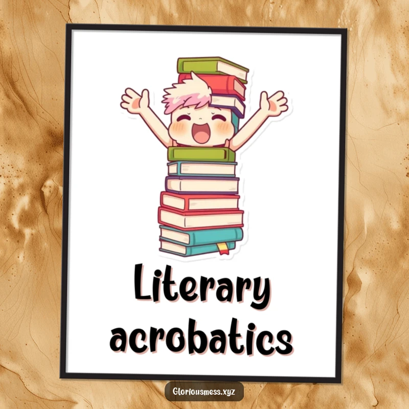 Funny poster art of a character flailing their arms to balance an impossibly tall, wobbly stack of books, capturing the humorous chaos of reading.