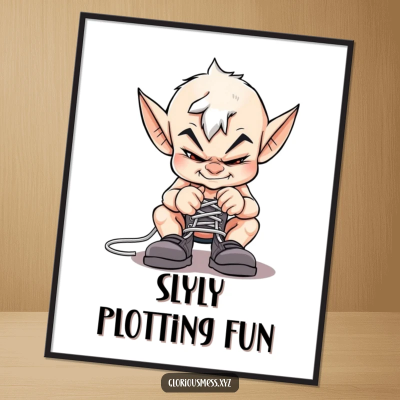 Funny imp poster featuring a mischievous imp with a sly grin, caught in the act of tying shoelaces together.