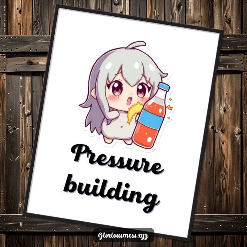 Funny poster print displaying a character with wide, comical eyes focused on a soda bottle that is just starting to explode, a scene of pure, bubbly shock.