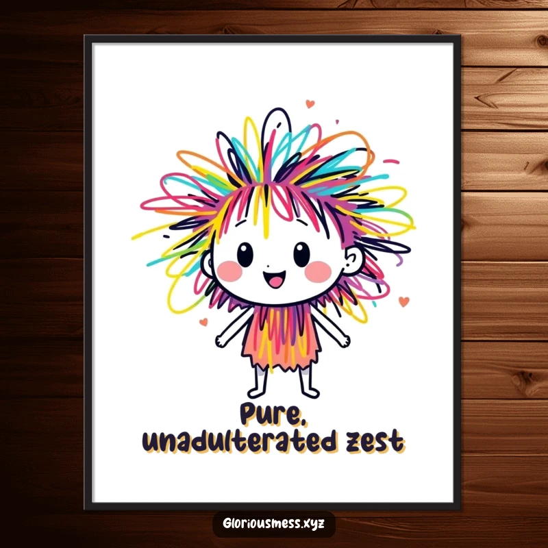 Funny sentient scribble character bursting with colorful energy, a vibrant poster print that adds artistic and humorous decoration.