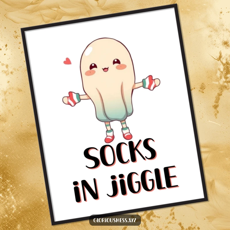 Funny poster print of a wobbly jelly character hilariously attempting to juggle several mismatched socks.