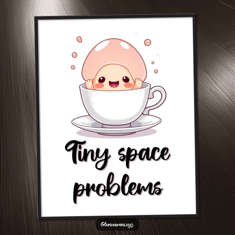 Funny poster of a sentient jelly blob comically stuck in a tiny teacup, a humorous and whimsical piece of wall art.