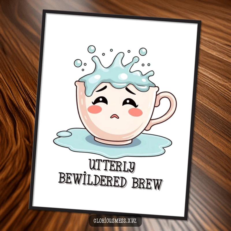 Funny confused teacup character overflowing with bubbling liquid, a humorous poster print perfect for kitchens or cafes.