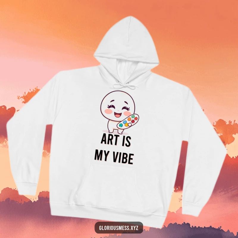Funny hoodie featuring a smudged paint palette character with a big smile, radiating cheerful artistic energy, ideal for a funny gift.