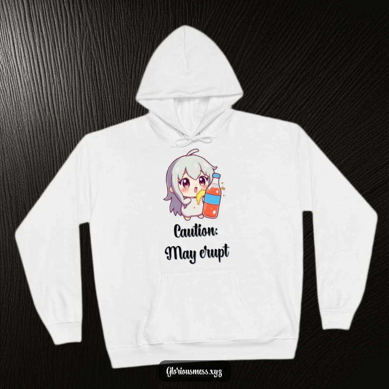 Funny hoodie depicting a character with wide, startled eyes staring at a soda bottle that’s starting to explode, creating a scene of hilarious, bubbly mayhem.