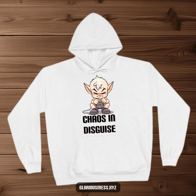 Funny imp hoodie with a sly grin, caught in the act of tying shoelaces together, perfect for cozy pranks.