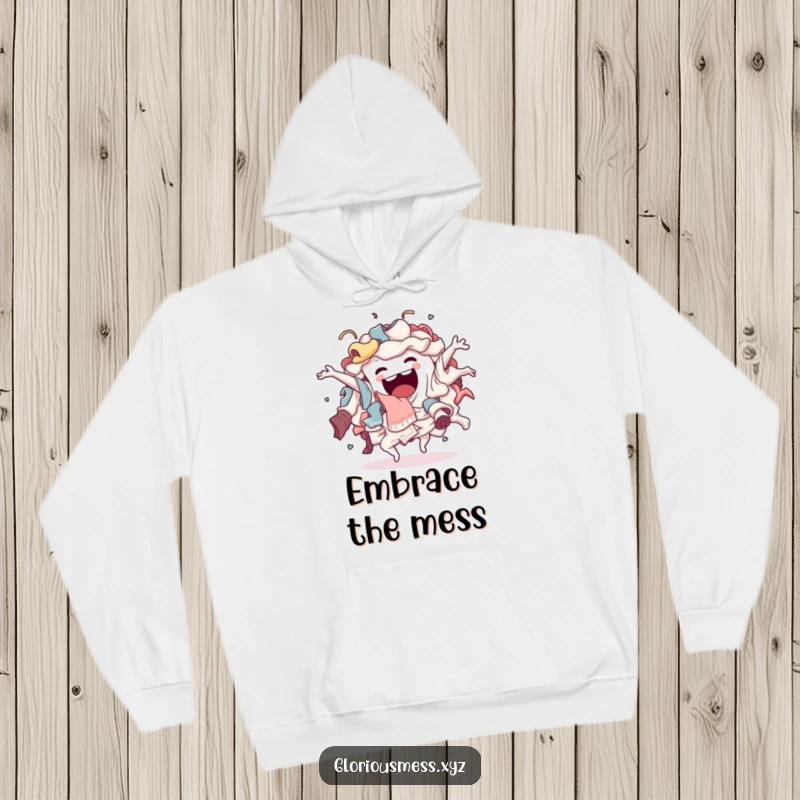 Funny Hoodie: A sentient pile of laundry humorously performing a wild, energetic, chaotic dance, perfect for lounging.