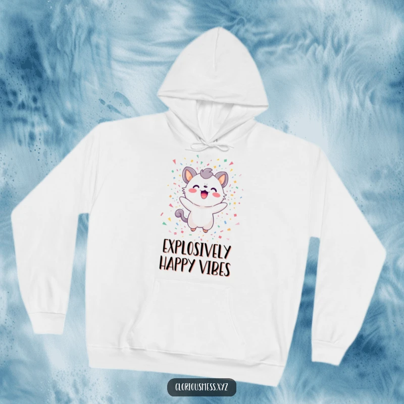 Funny Hoodie showcasing a happy creature amidst a vibrant explosion of confetti, capturing a moment of pure, delighted celebration.