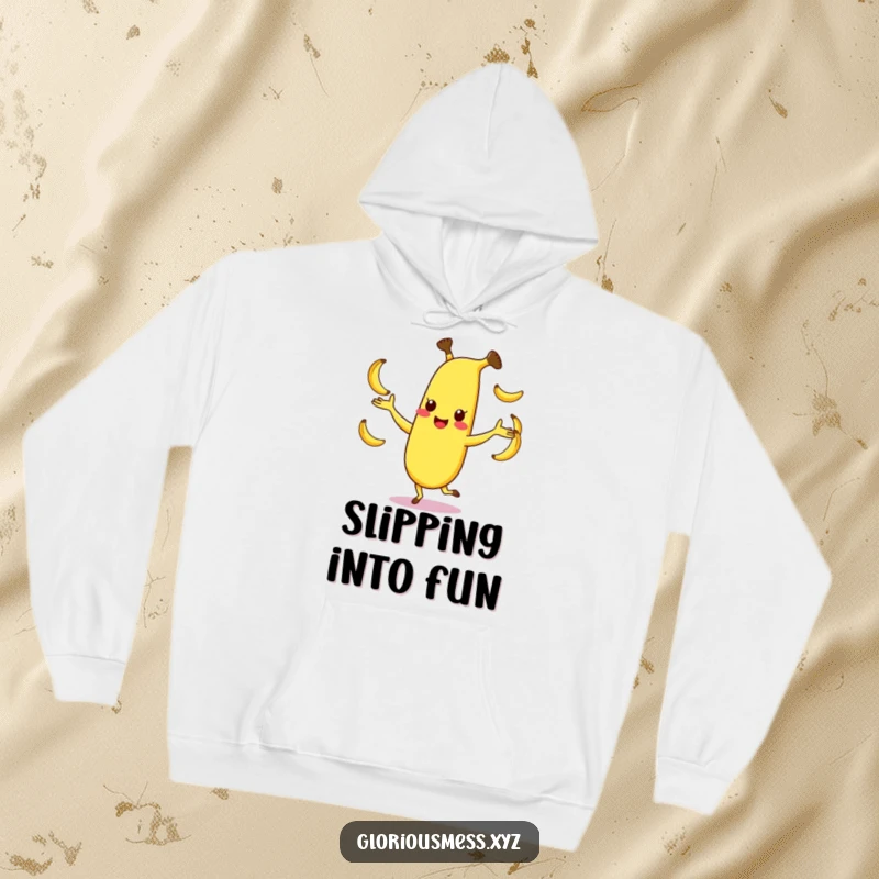 Funny hoodie featuring a happy, dancing banana character juggling smaller bananas, offering cozy comfort and humor, ideal funny gift.