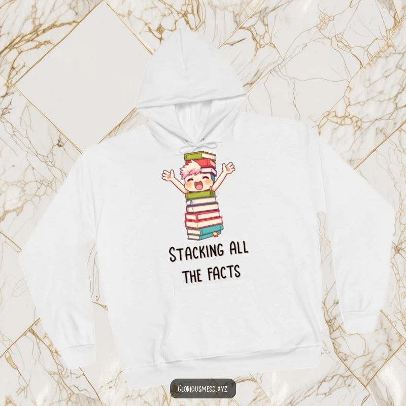 Funny hoodie with a character arms flailing, attempting to stabilize a hilariously unstable tower of books, perfect for cozy reading sessions.