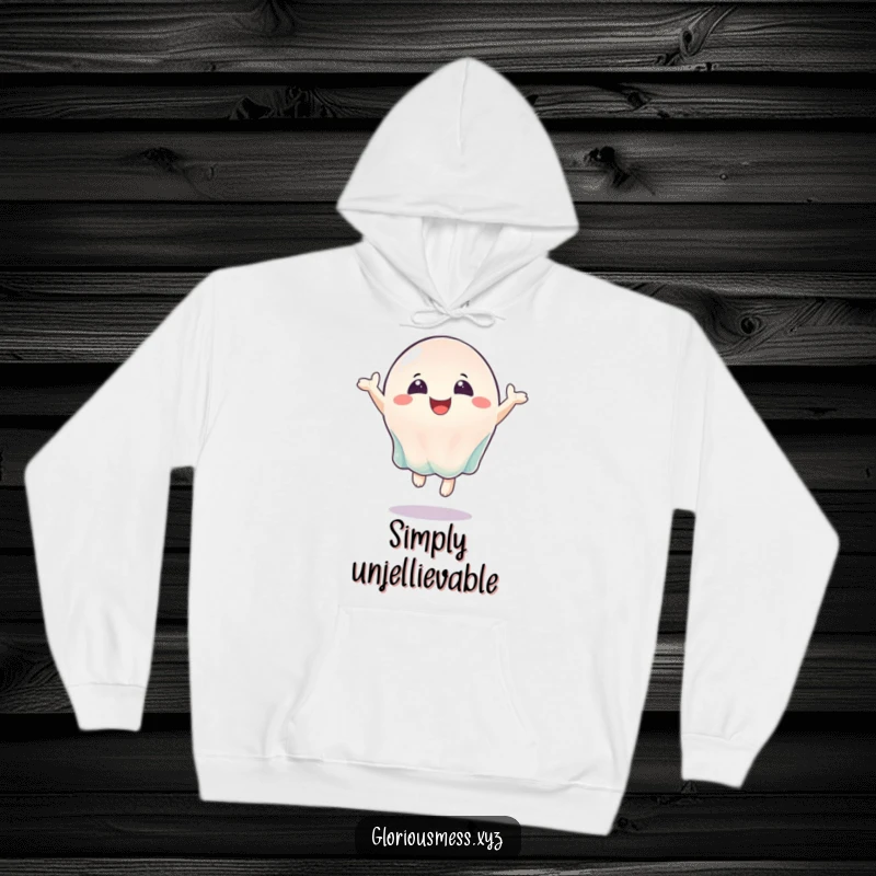 Funny hoodie with a bouncing jelly character spreading joy and happiness, perfect for cozy and fun moments.