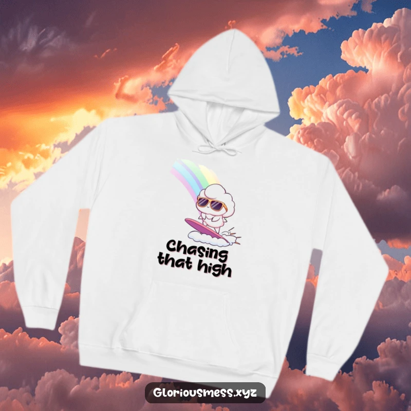 Funny hoodie showcasing a fluffy cloud sporting sunglasses, expertly surfing a colossal rainbow, perfect for a humorous and warm wear.