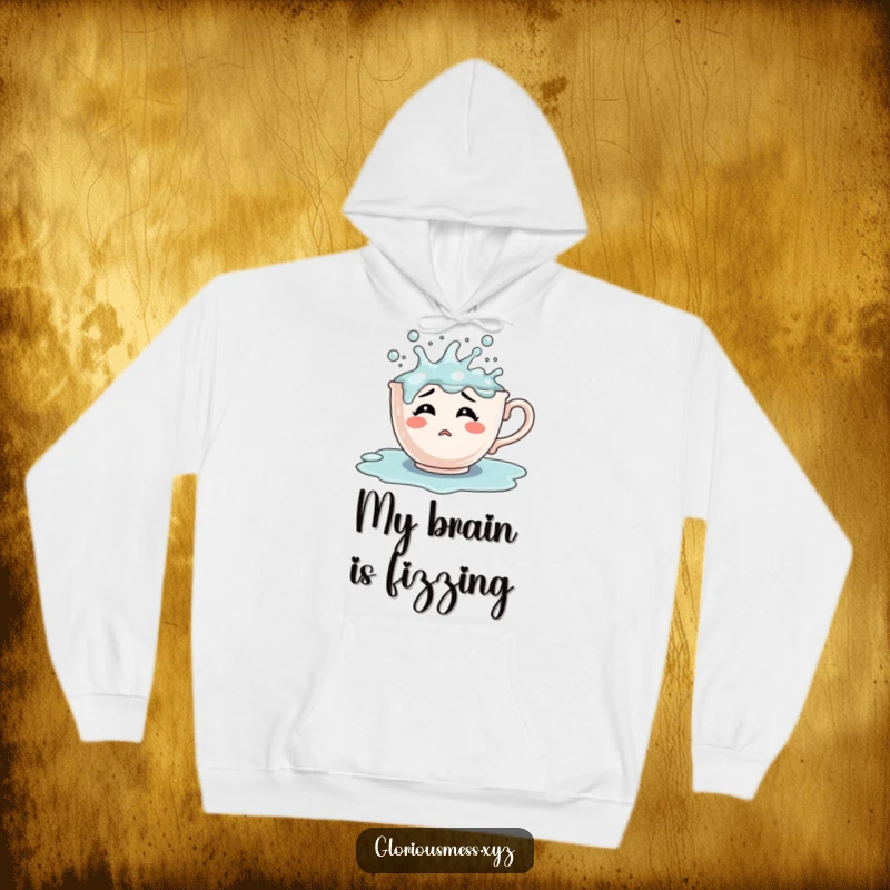 Funny confused teacup character overflowing with bubbly liquid, a warm and humorous hoodie for cozy days.