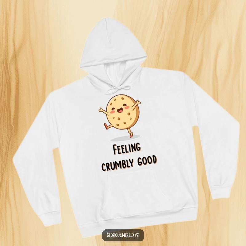 Funny hoodie with a happy, lopsided cookie enthusiastically performing a cartwheel, designed for cozy moments and smiles.