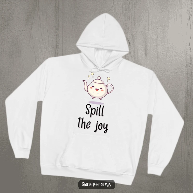 Funny hoodie depicting a dancing teapot character spilling a stream of cheerful bubbles, offering warmth and whimsical fun.