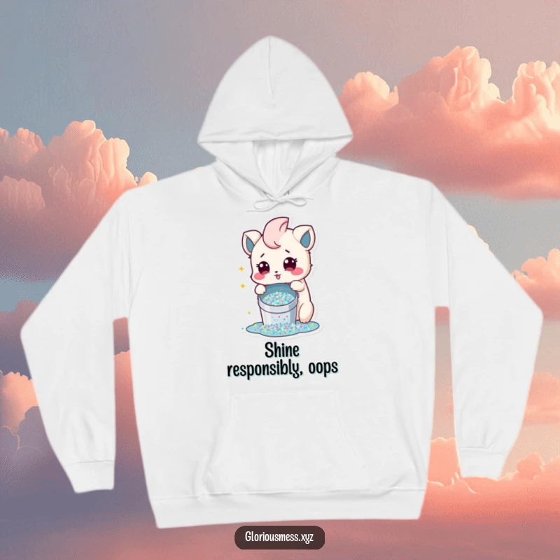 Funny Hoodie depicting a creature with a look of wide-eyed surprise amidst a glorious spill of glitter, perfect for cozying up.