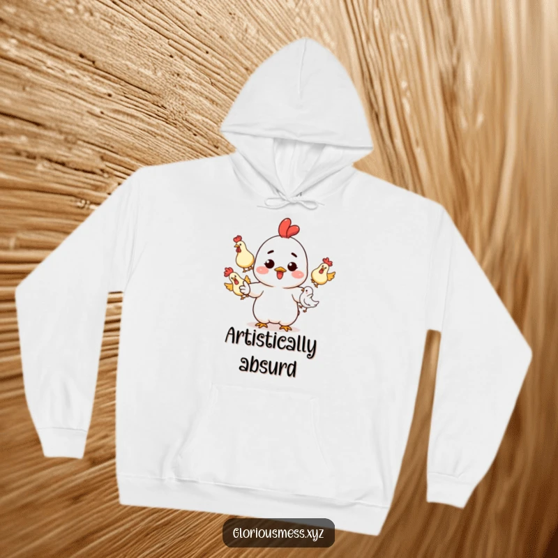 Funny Hoodie: Playful character with ink splatters juggling rubber chickens, a perfect funny gift.