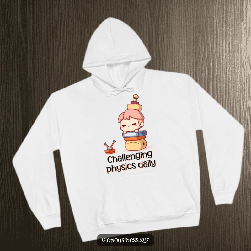 Funny Hoodie: Mischievous character hilariously balancing a teetering stack of objects, perfect funny gift for humor lovers.