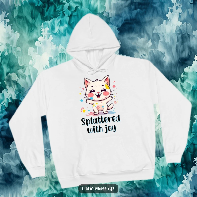 Funny hoodie featuring a giggling, messy paint splatter character with colorful paw prints, offering cozy comfort and playful humor, ideal funny gift.