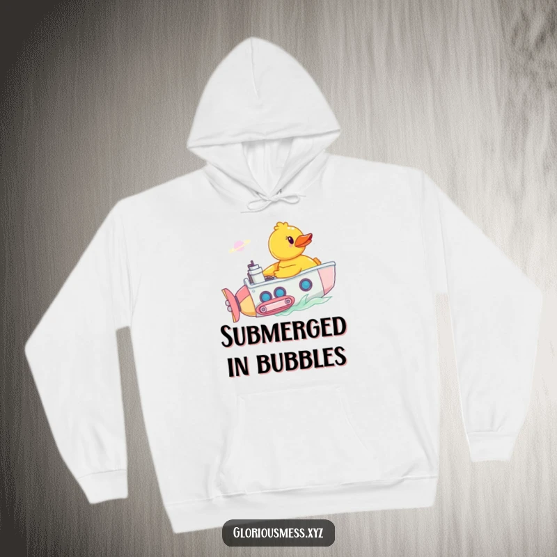 Funny hoodie with a rubber duck piloting a submarine through a bathtub nebula design, perfect for cozying up with aquatic humor.
