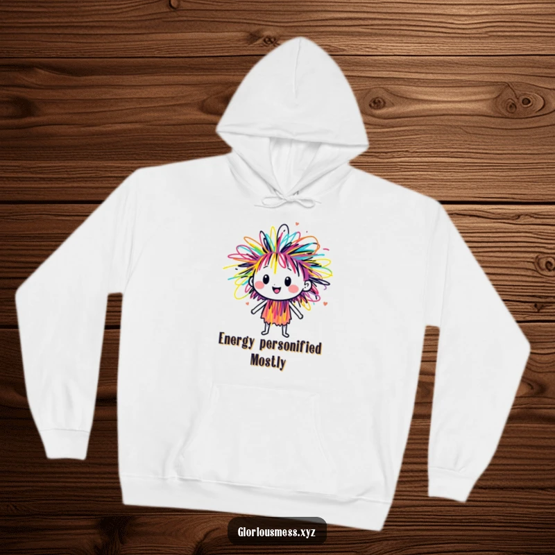 Funny sentient scribble character bursting with vibrant, colorful energy in a cozy hoodie, perfect for art lovers.