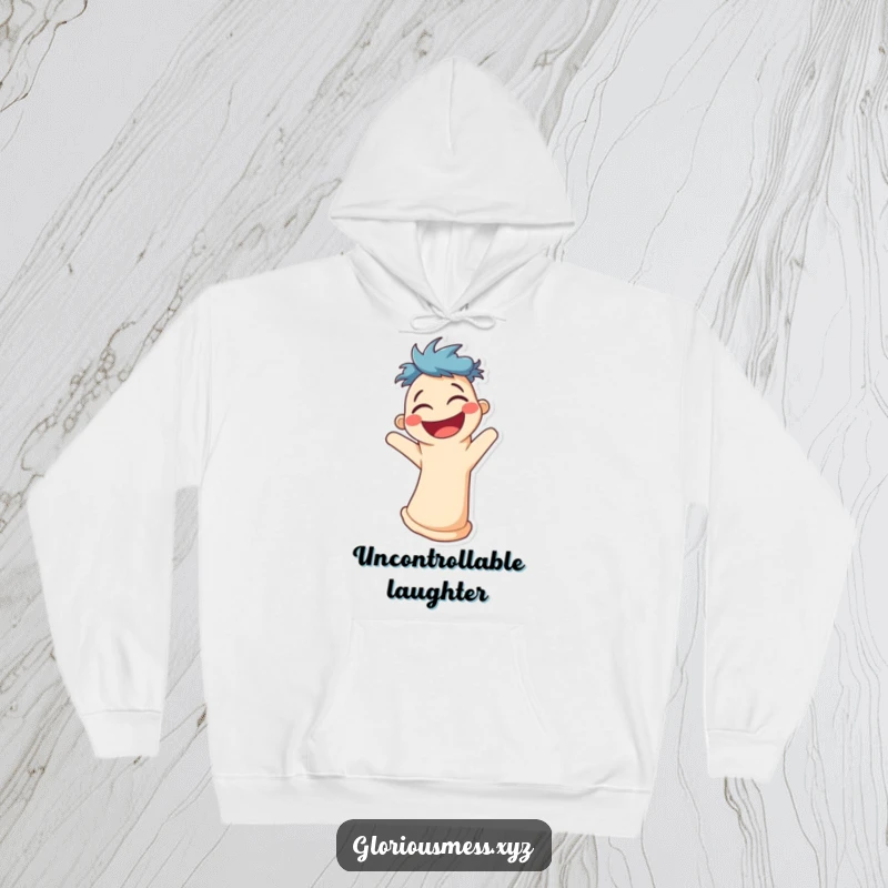 Funny hoodie depicting a smiling sock puppet character shaking with uncontrollable laughter.
