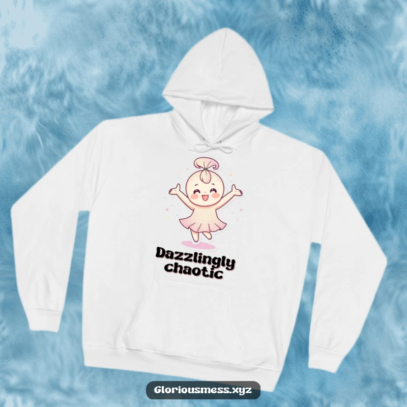 Funny Hoodie: Happy character covered in glitter spinning with arms outstretched, a perfect funny gift.