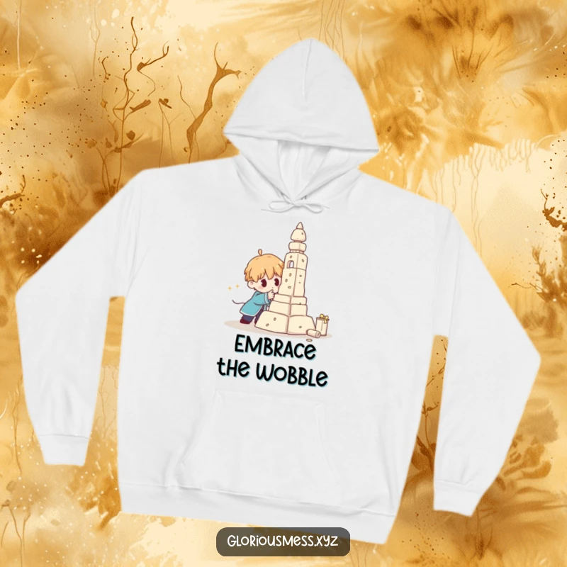 Funny Hoodie depicting a character's valiant but failing attempt to construct an unstable sculpture, celebrating the humor in effort.