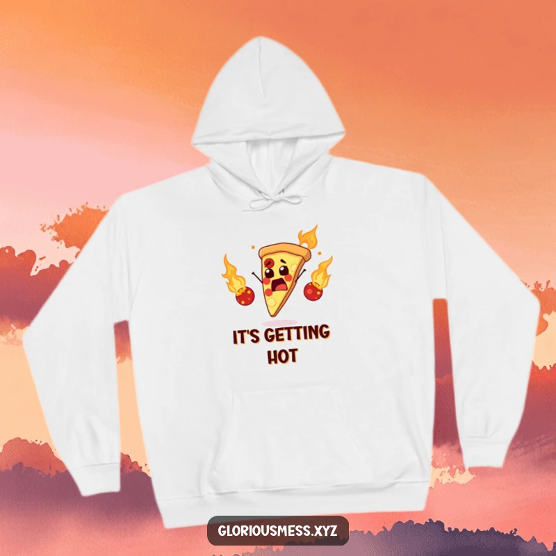 Funny hoodie with a startled pizza slice juggling flaming meatballs, offering warmth and a humorous, fiery design.