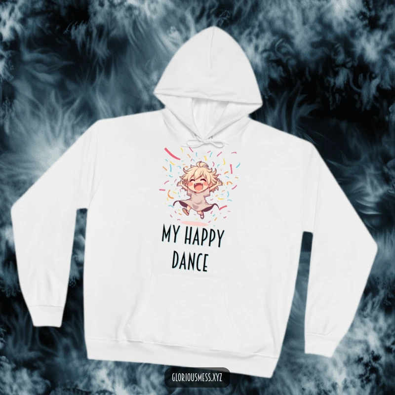 Funny hoodie depicting a joyful, disheveled character dancing wildly amidst a cascade of colorful streamers, perfect for festive occasions.