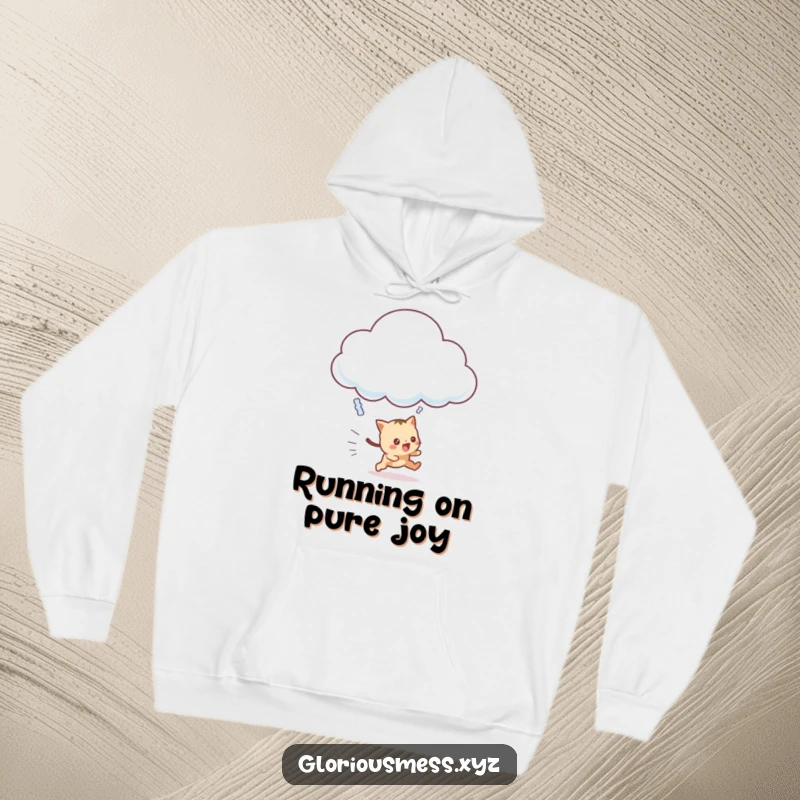 Funny Hoodie depicting a frantic creature chasing a playful, giggling cloud across the sky, perfect for cozy days.