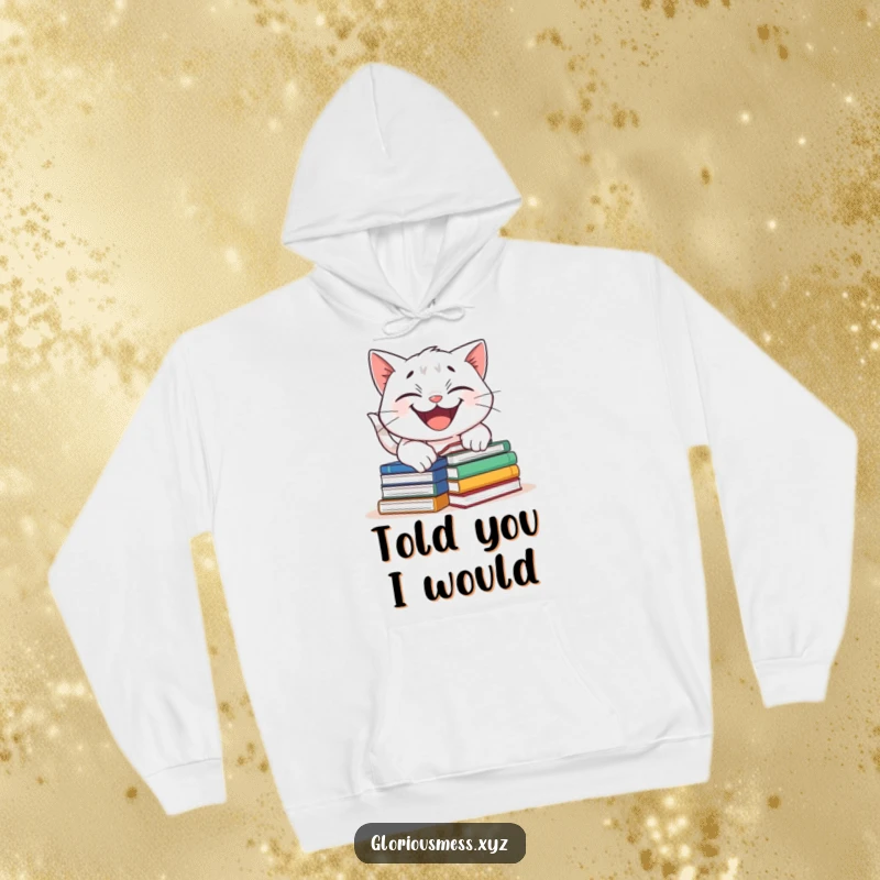 Funny hoodie depicting a grinning cat tripping over stacks of books, perfect for book lovers who enjoy a touch of humor and comfort.