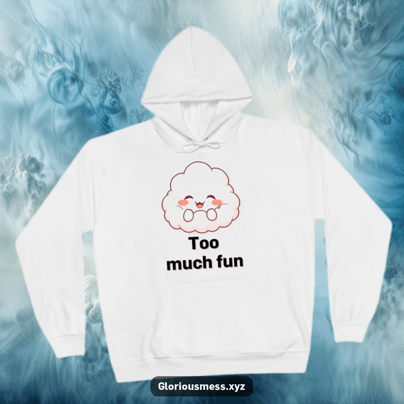 Funny hoodie featuring a fluffy cloud with rosy cheeks, uncontrollably giggling, radiating warmth and contagious happiness.