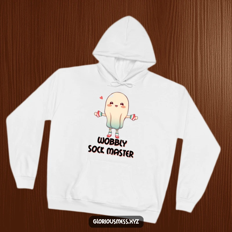 Funny hoodie with a wobbly jelly character humorously juggling a collection of odd socks.