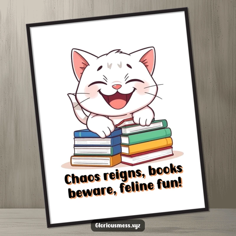 Funny Free Printable Wall Art: A mischievous cat with a wide grin, tangled in books.