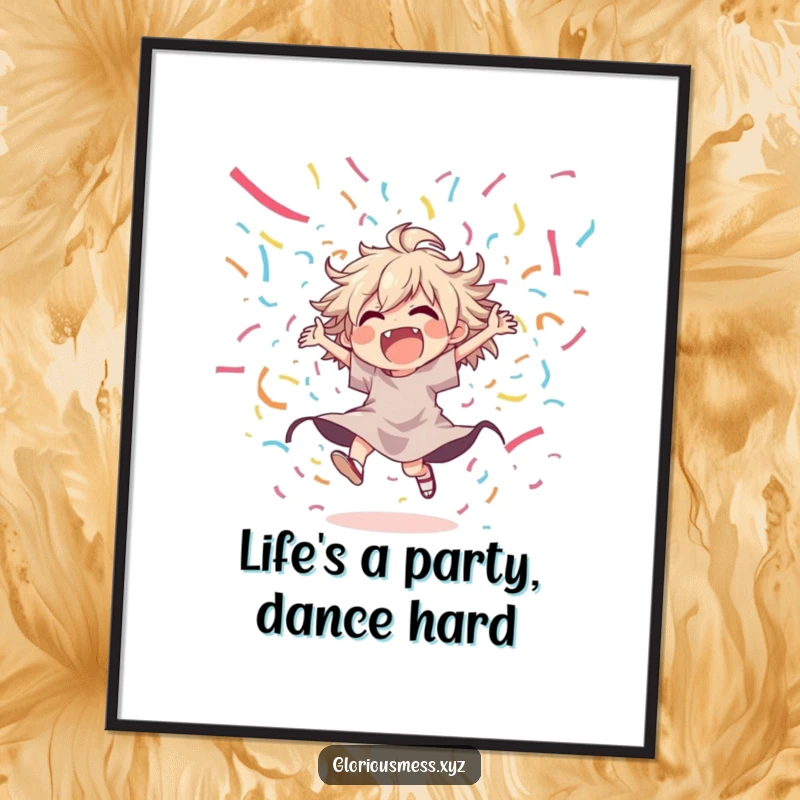 Funny Free Printable Wall Art: A disheveled, joyful character dancing wildly amidst a vibrant cascade of colorful streamers.