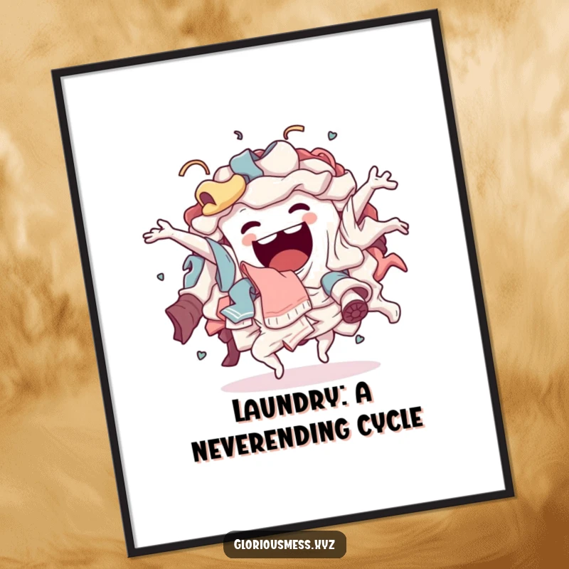 Funny free printable wall art of a sentient laundry pile engaged in a wildly chaotic, energetic dance.