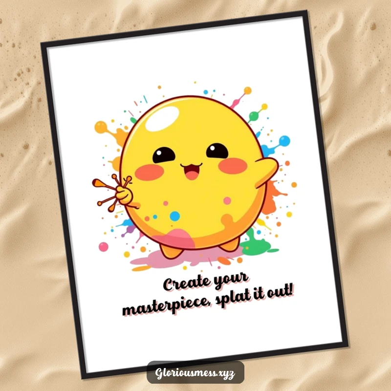 Funny Free Printable Wall Art: Energetic yellow blob character splattering vibrant paint across a canvas.