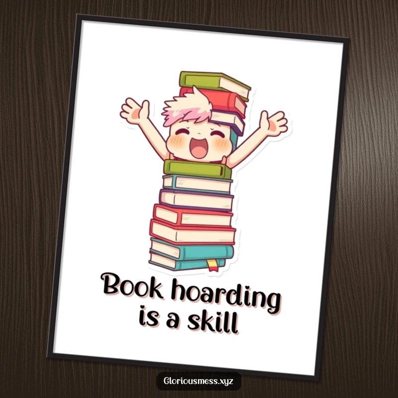Funny Free Printable wall art: Character with flailing arms tries to keep a teetering tower of books from collapsing, a humorous depiction of life.