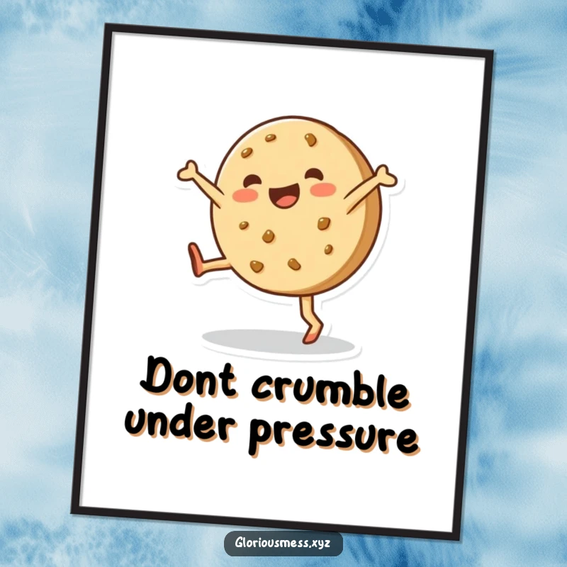 Funny Free Printable Wall Art: Happy lopsided cookie character enthusiastically cartwheeling, sweet dessert decor.