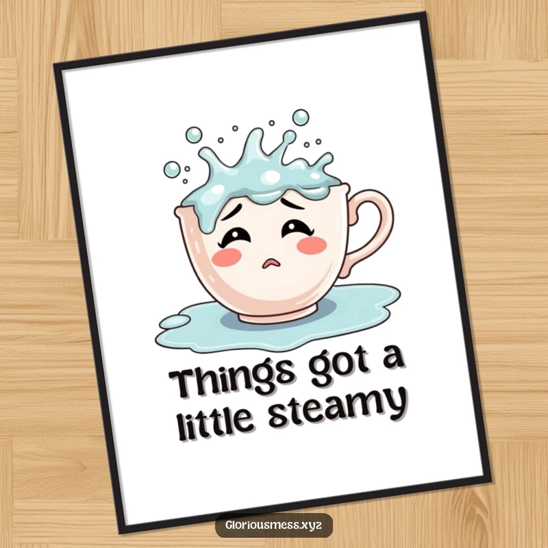 Funny Free Printable Wall Art: A confused teacup character comically overflowing with bubbling liquid, adding a splash of humor to decor.