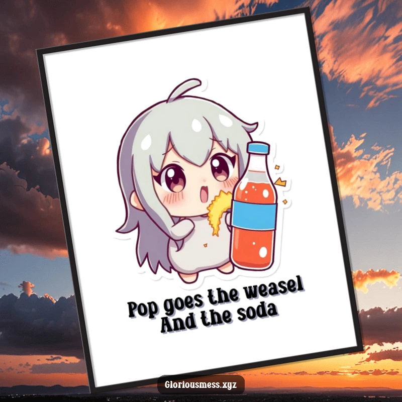 Funny Free Printable wall art: Character looks surprised at a soda bottle that's slightly exploding, a hilarious and energetic decorative piece.