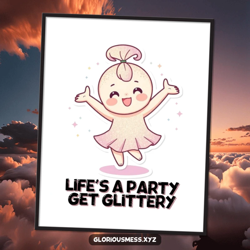 Funny Free Printable Wall Art: Happy character covered in glitter, spinning with arms outstretched, a joyful art piece.